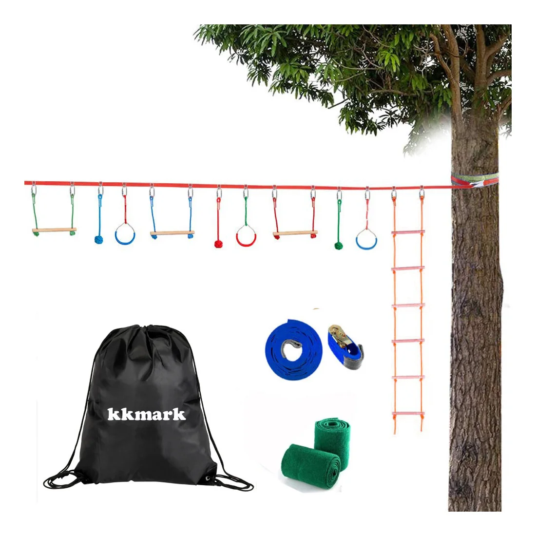 

Ninja Obstacle Course for Kids Training Line for Backyard Play Line Monkey Bars Fists Rope Knots Gymnastic Rings Rope Ladder, Customized color