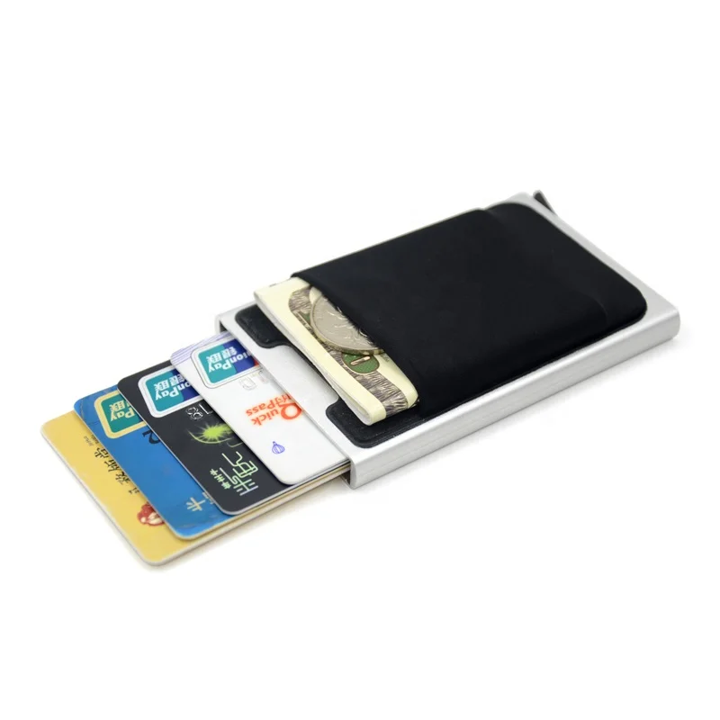 

Aluminum Credit Card Holder With Elasticity Back Pouch RFID Mini Slim Wallet Metal Automatic Pop up Credit Card Case