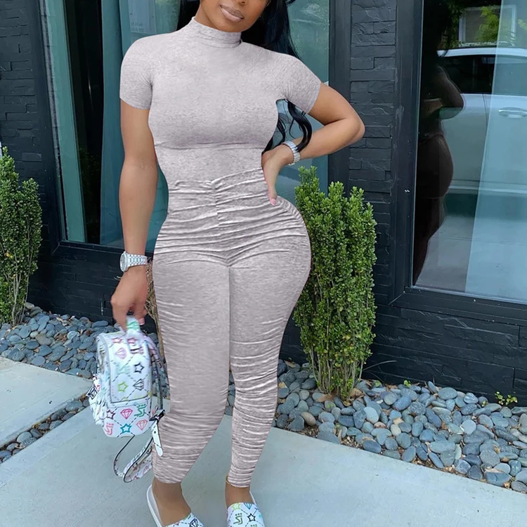 

2020 Women Fall Fashion Clothing Jumpsuits Solid Color Short Sleeve Fitness Skinny Bodycon Jumpsuit Stacked Pants Rompers Womens, Black,gray