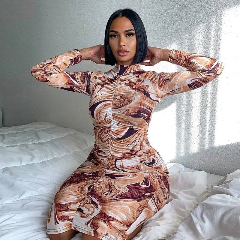 

Yingchchao 2021 Latest Fashion Sexy Pleated Irregular Printing Tight Long Sleeve Bodycon Long Ruched Dress Lady Women Clothing