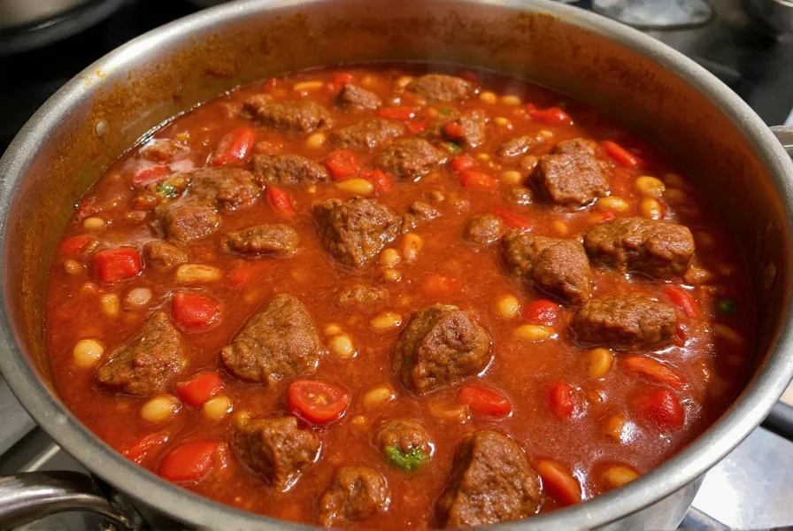 Traditional pot of chili con carne simmering with visible ingredients including beef, beans, tomatoes, and diced chili peppers
