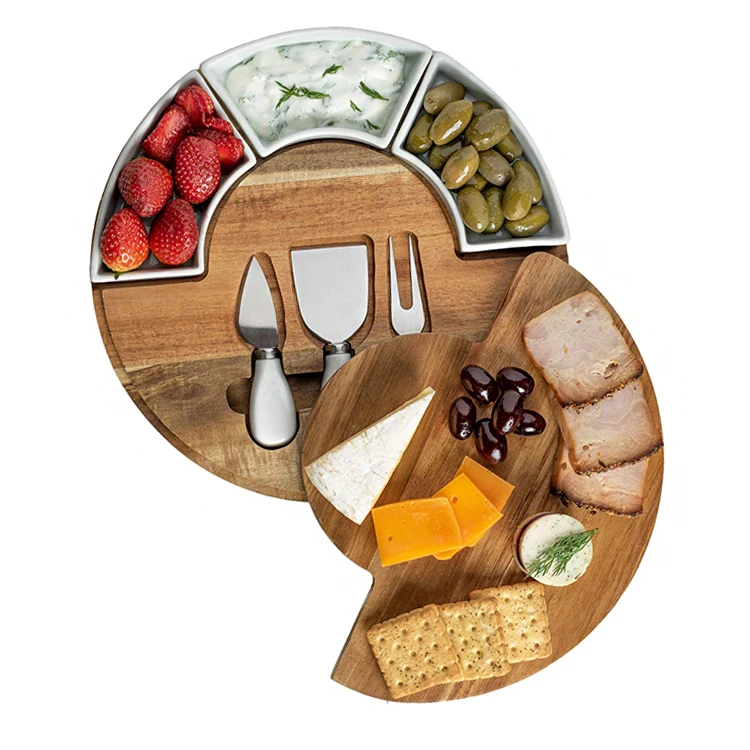 

Bamboo Wood cheese Cutting Board Set And Knife Set For Entertaining And Serving,3 Knies,Ceramic Bowl And Slate Cheese Markers, Natural bamboo color/as picture show