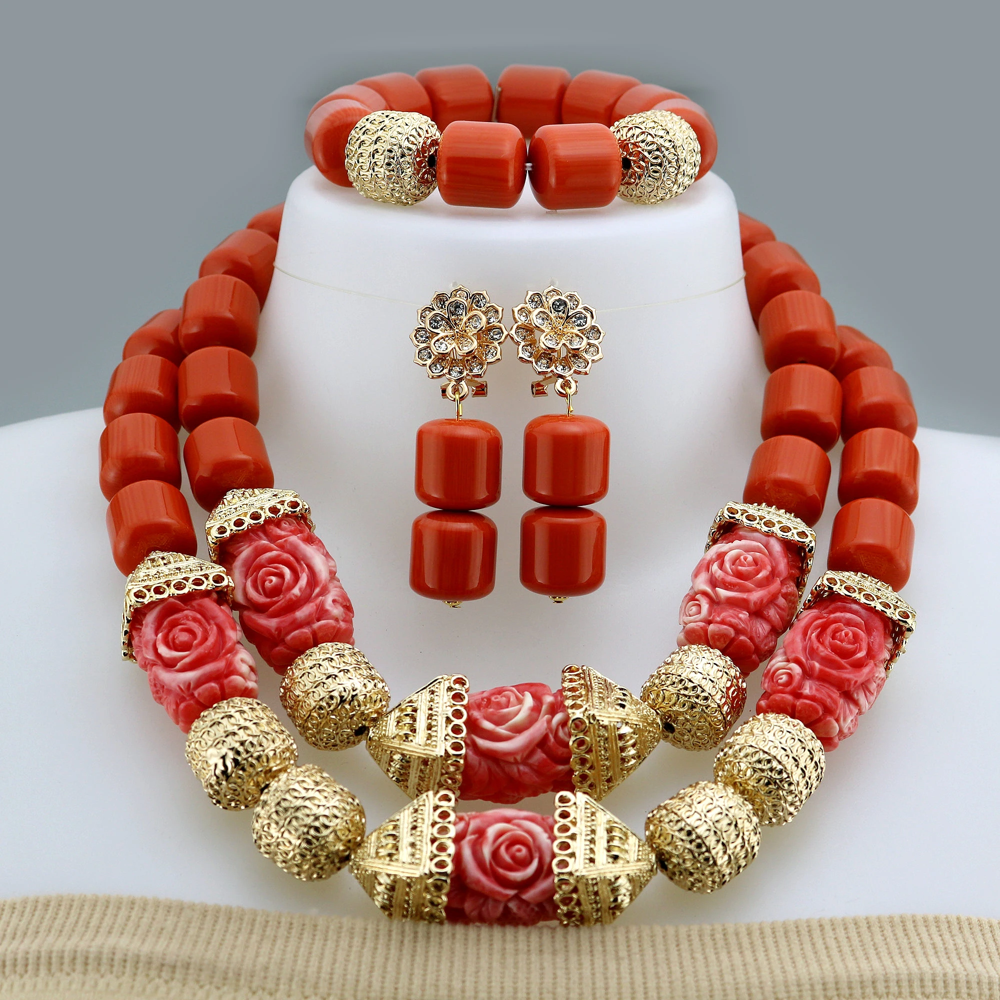 

fashionable handmade coral beads jewelry set indonesian women coral beads luxury gold set, 6 colors