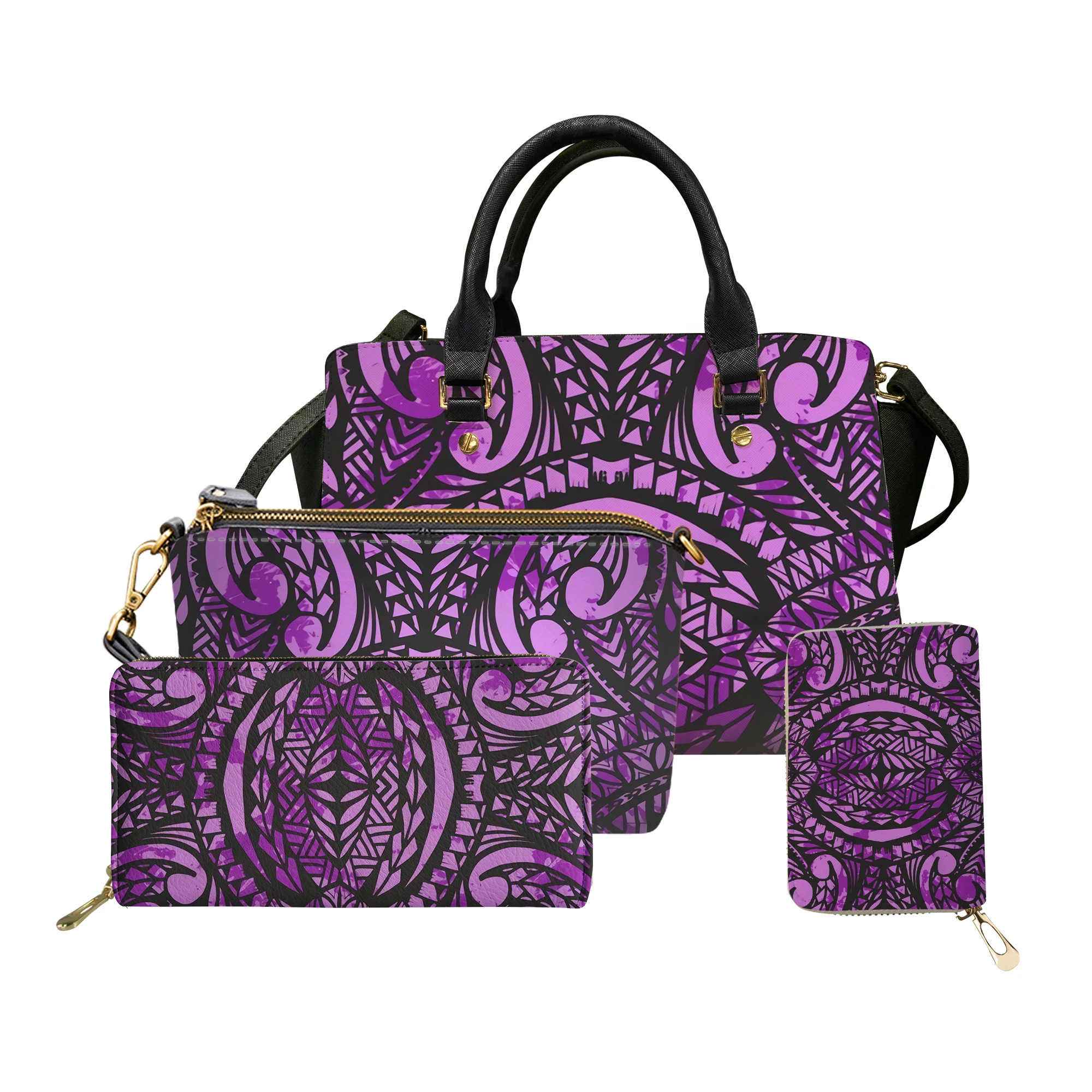 

2021 Purple Original Tribal Polynesian Custom Print Women's 4Pcs Set Purse and Handbags Luxury Designer Print Tote Bags Low MOQ1