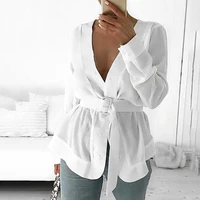 

WONDER BEAUTY Casual Top OL Workwear Mujer Blusas White Shirts Women With Belt Tunic Shirt Blouse Long Sleeve Peplum