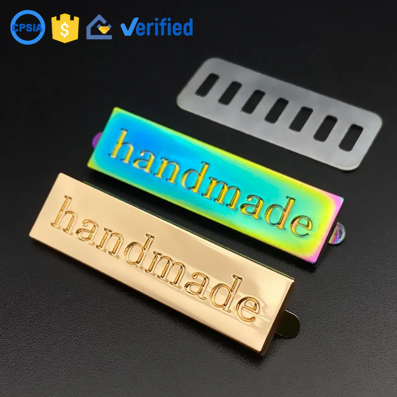 

In Stock Accept Custom Rainbow Handmade Metal Label Plate Gold Brand Name Logo Metal Tags For Handbag