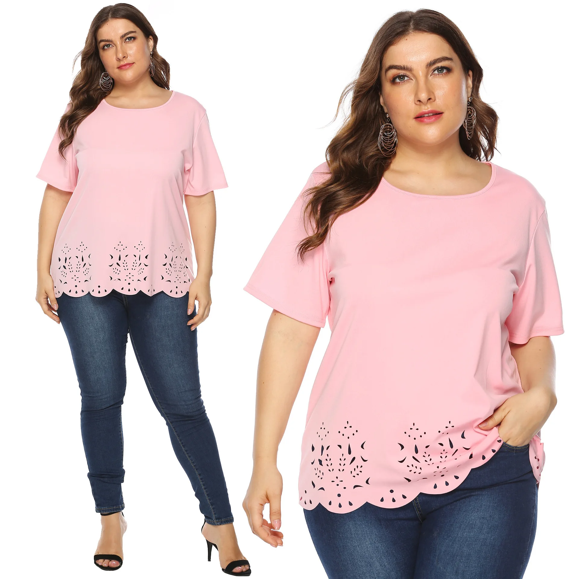 

Wholesale Women's Plus Size Wavy Edge O Neck Short Sleeve Casual Blouse T Shirt Tops, Pink