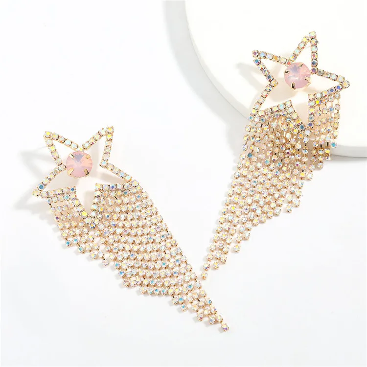 

temperament long five-pointed star alloy diamond rhinestone tassel earrings super flash personalized party earrings, Picture shows