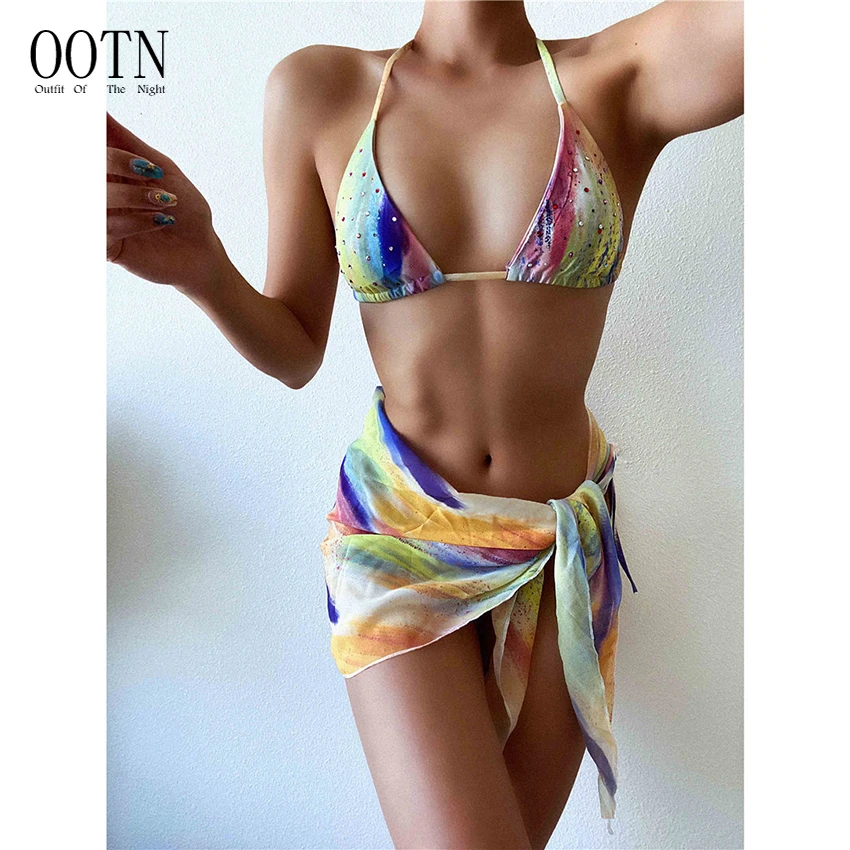 

OOTN Three-pieces Bikini set With Sarong Bather Sexy Bathing Suit Swim New Rhinestones Bikini Women Swimwear Female Swimsuit