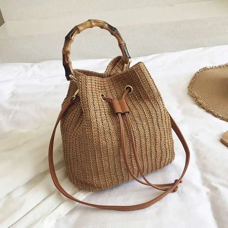 

fashion bamboo handle bucket straw beach summer bags 2021 crossbody drawstring purses and handbags for women ladies hand bags, White, khaki, brown