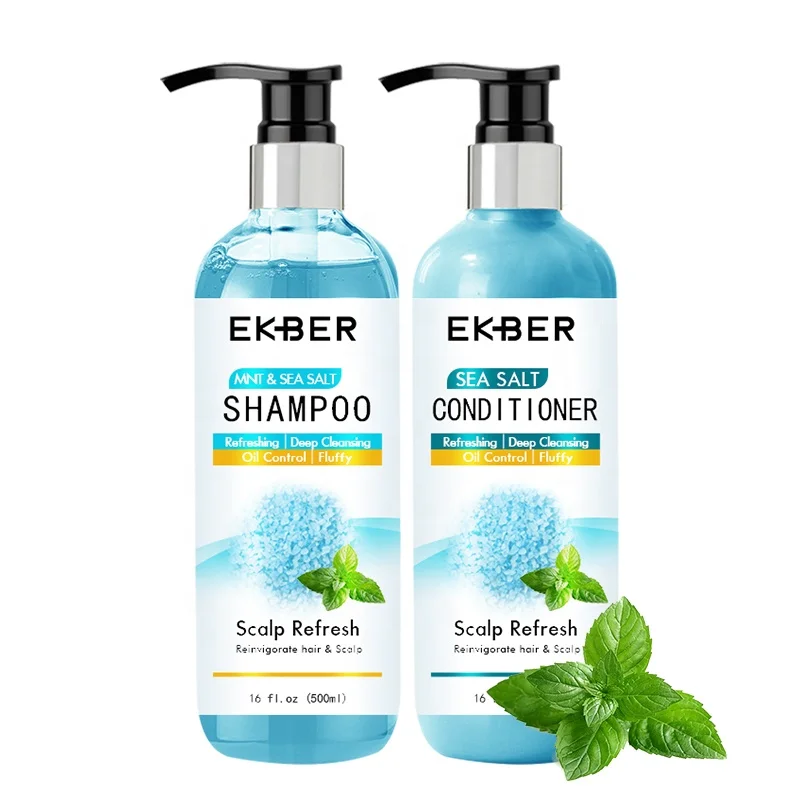

2022 New Arrival Ekber Low MOQ Deep Cleansing Anti-Itching Scalp Treatment Mint Sea Salt Hair Care Shampoo Conditioner OEM Bulk, Light blue