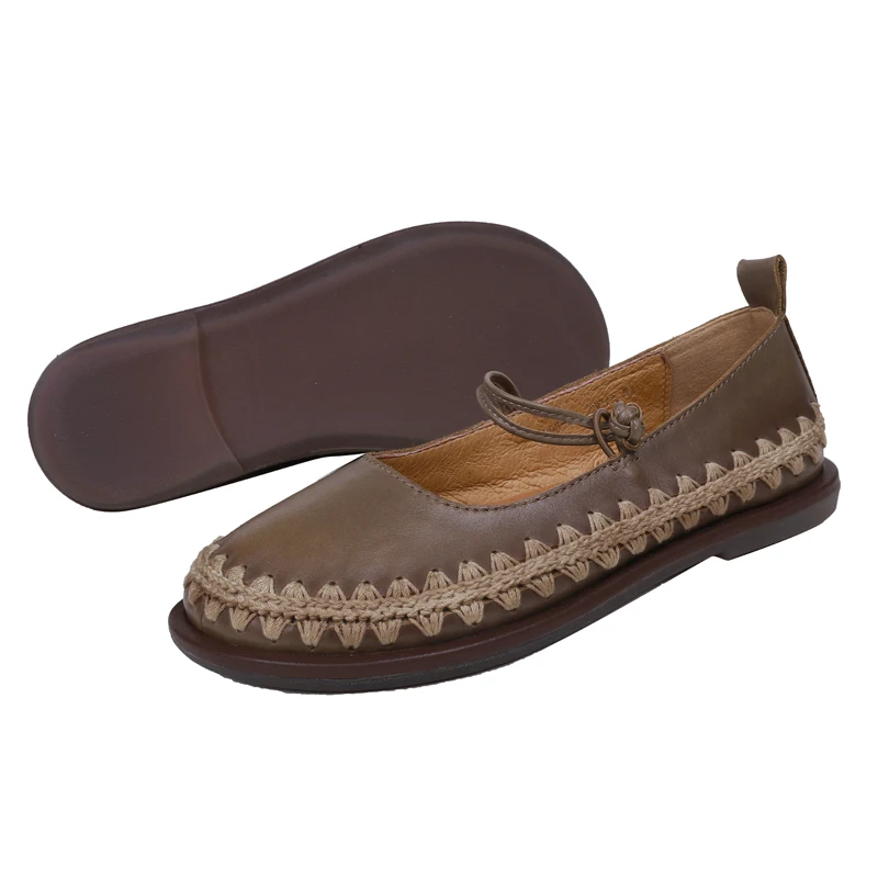

Women Stylish Round Head Flat Weave Genuine Leather Strap Casual Business Court Oxford Shoe