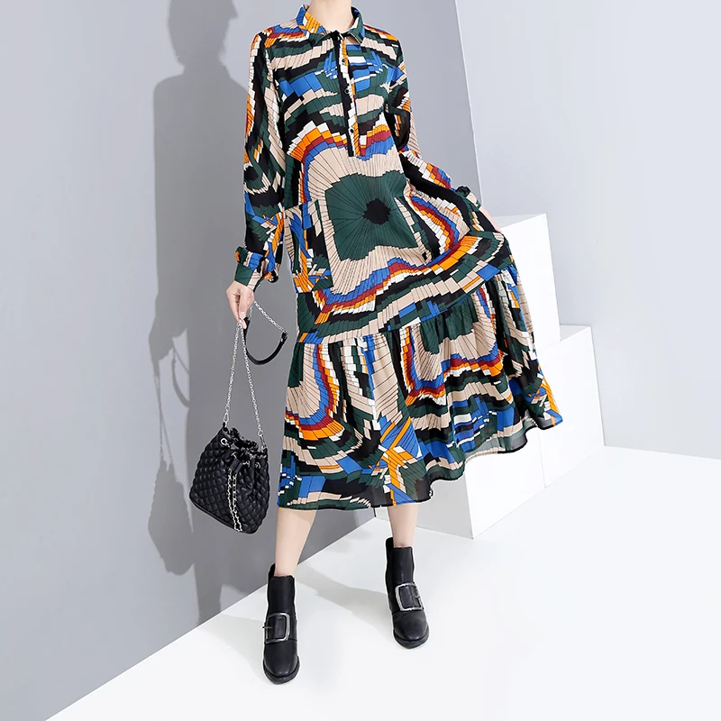 

Amazon Hot Selling 2019 Korean Style Women Autumn Shirt Dresses Colorful Geometrical Print Lady Elegant Party Long Dress 5610