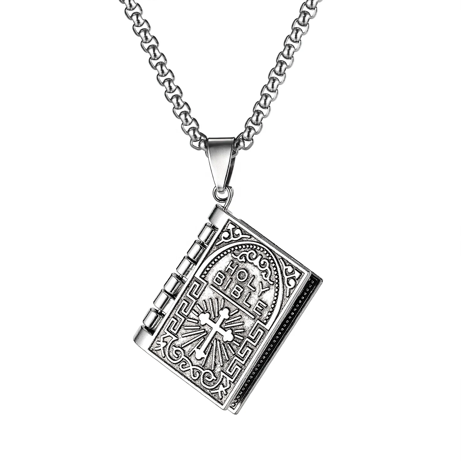 

European and American open book simple classic fashion retro prayer pendant buddha necklace for men, Antique silver
