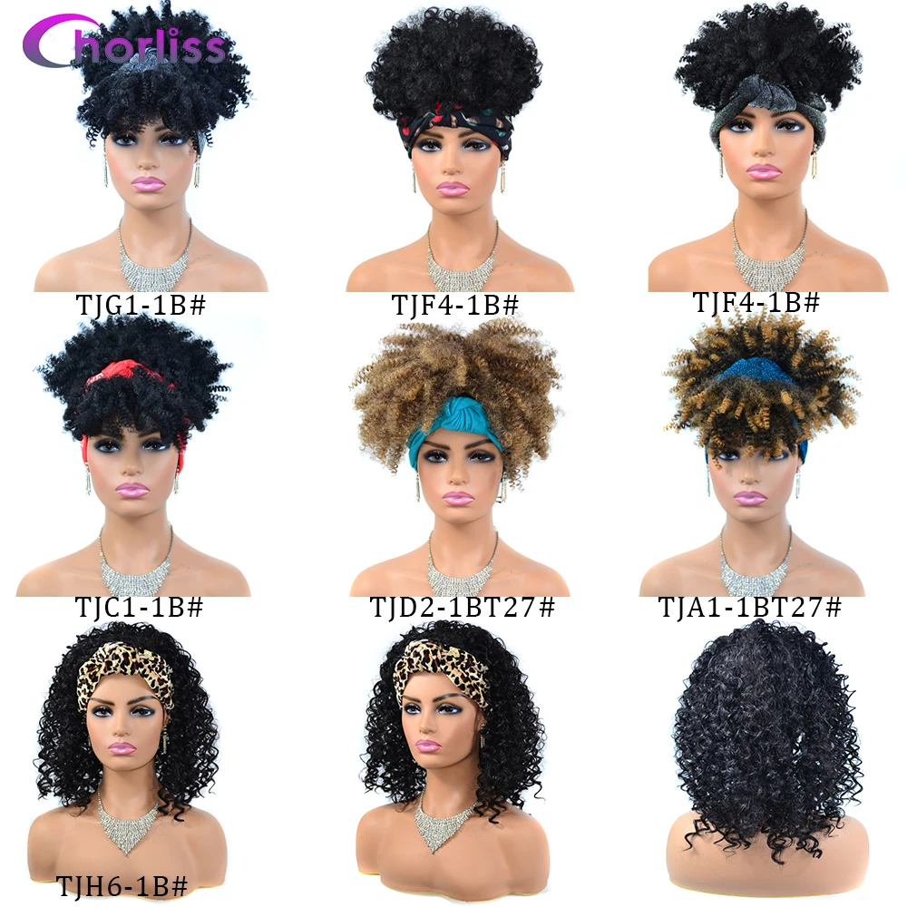

Wholesale Ombre Turban Wrap Wig Afro Wig Short Heat Resistant Kinky Curly Synthetic Wig With Headband Attached For Black Women