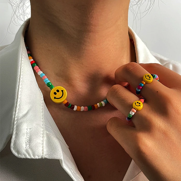 

wholesale bohemian handmade adjustable Colored bead smile face beaded rings