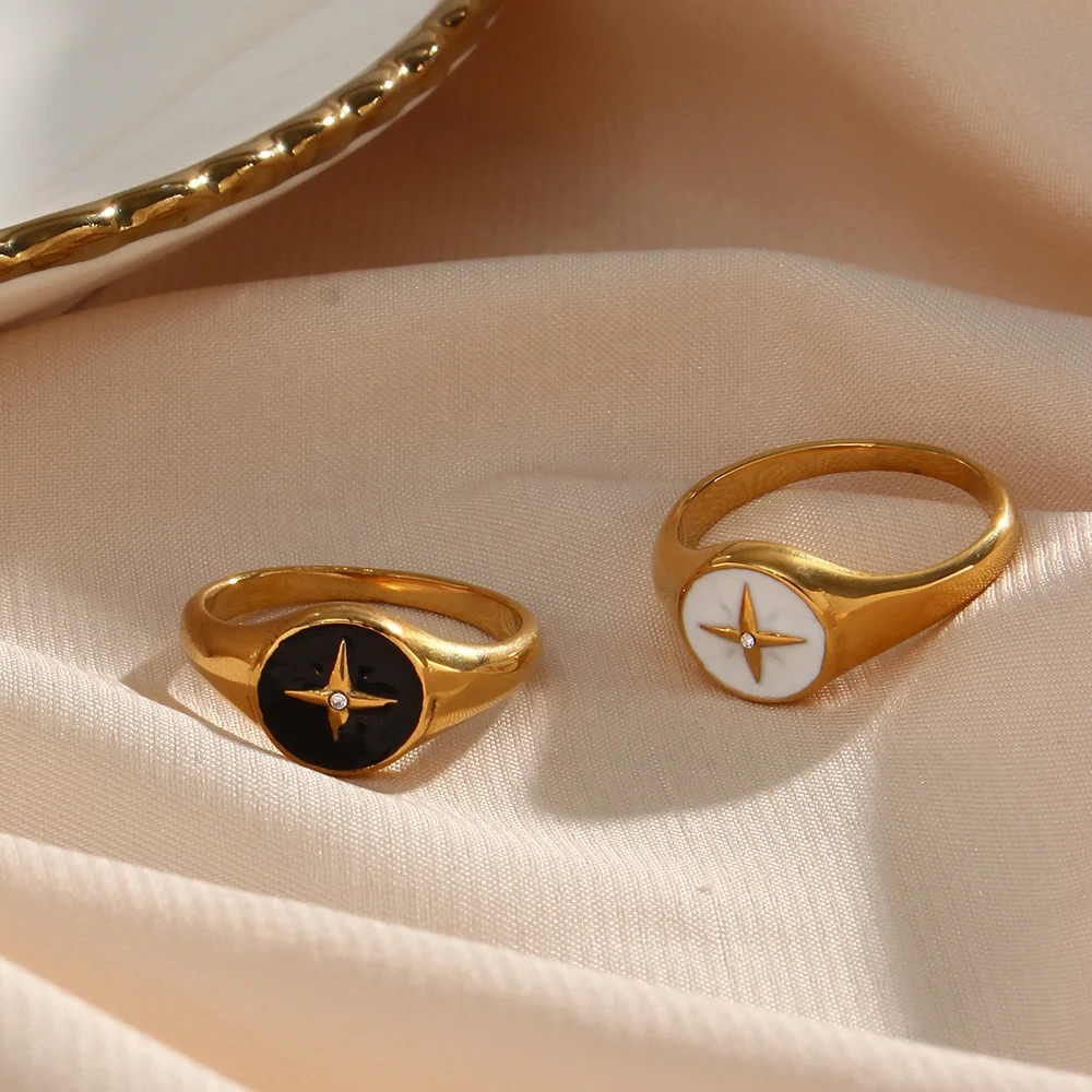 Thin Enamel Ring Compass North Star Stainless Steel Black White Enamel Cubic Zirconia Gold Plated Ring