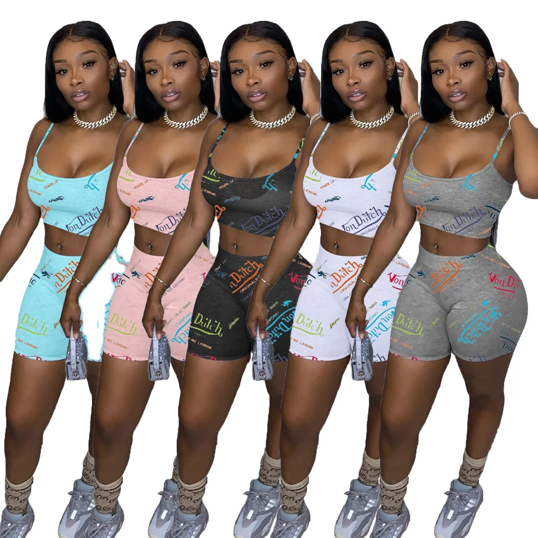 

Summer 2021 New Trendy Von Dutch Shorts Set Women Spaghetti Strap Top And Biker Shorts Two Piece Sets Fitness & Yoga Wear, Picture