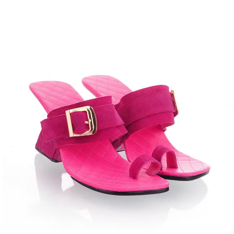

Sexy Buckle Strap Flip Flops Sldes Custom Dress Shoes Strange Chunky Heel Square Toe Hot Pink Pumps Big Size Plaid Suede Sandals, Pink black beige