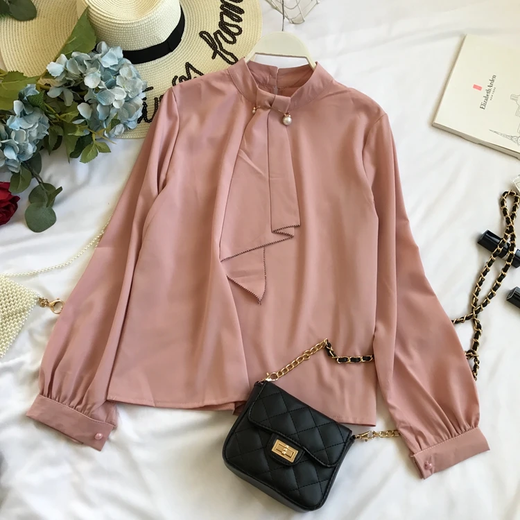 

Spring Autumn Women White Pink Turtleneck Blouse Solid Casual Loose Chiffon Blouses Female Long Sleeve Office Shirts Tops