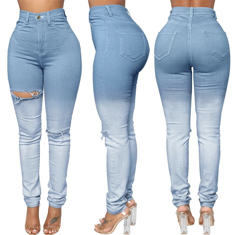 

High Quality OEM Women Light Blue High Waist Destroyed Jeans, Customized