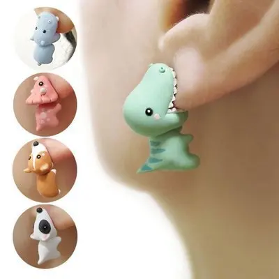 

2021 Popular Cute Mini Animal Bite Earring Cartoon Dinosaur Piranha Fox Stud Earrings For Kids Girls