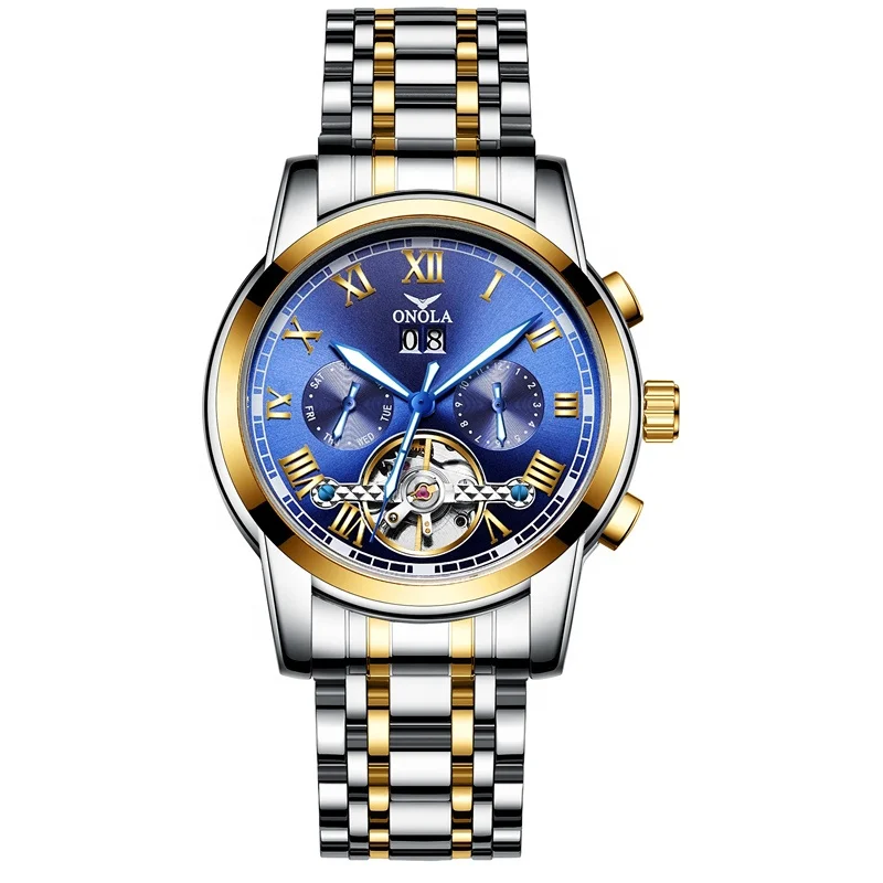 

ONOLA 6820 Luxury Stainless Steel Band Chronograph Automatic Watches Men Wrist Tourbillon Skeleton Mechanical Watch