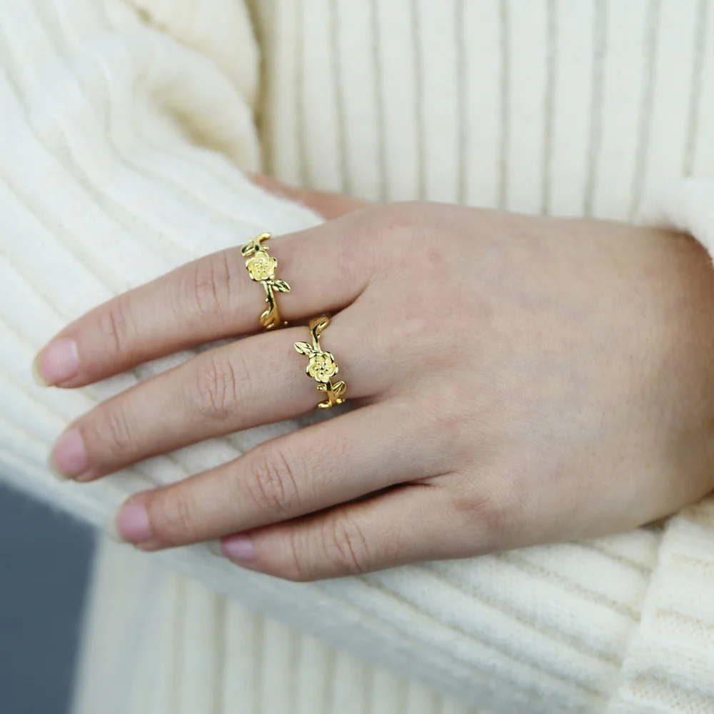 

Beautiful rose flower open band ring with gold filled tiny stack filigree tree leaf finger rings wholesale for women jewelry