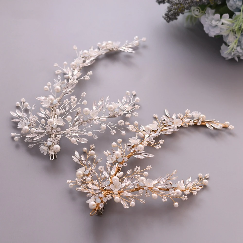 

Jachon Bride handmade flower headdress pearl water drill hairpin exquisite vintage crystal hair combs, As picture