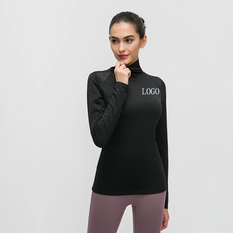 

Unbranded High Collar Plain Gauze Sport Long Sleeve T-shirts Fitness Gym Light Weight Nylon Spandex Black Color Tshirt for Women, 4 colors
