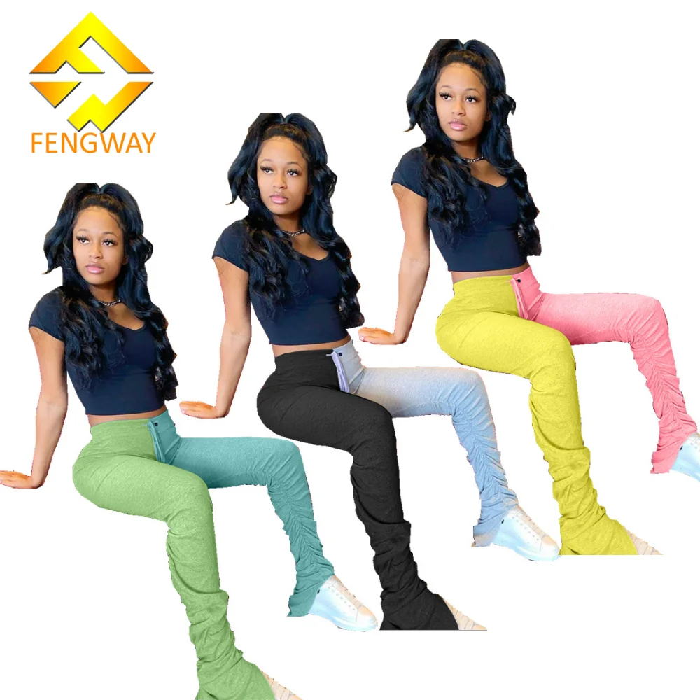 

2021 Fashion Women Mid Waist Drawstring Tie Pleated splice Flared Pants with 2 colors Stacked Leggings, White, yellow, gray, green, black, pink, blue