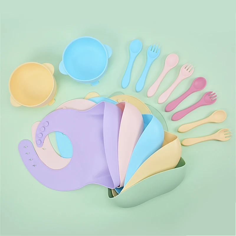 

Hot Sale Kids Waterproof Dinnerware Baby Silicone Baby Bibs And Plate Bowl Meal Set