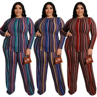 

Fashion Long Sleeve Striped Women Plus Size Two Piece Set