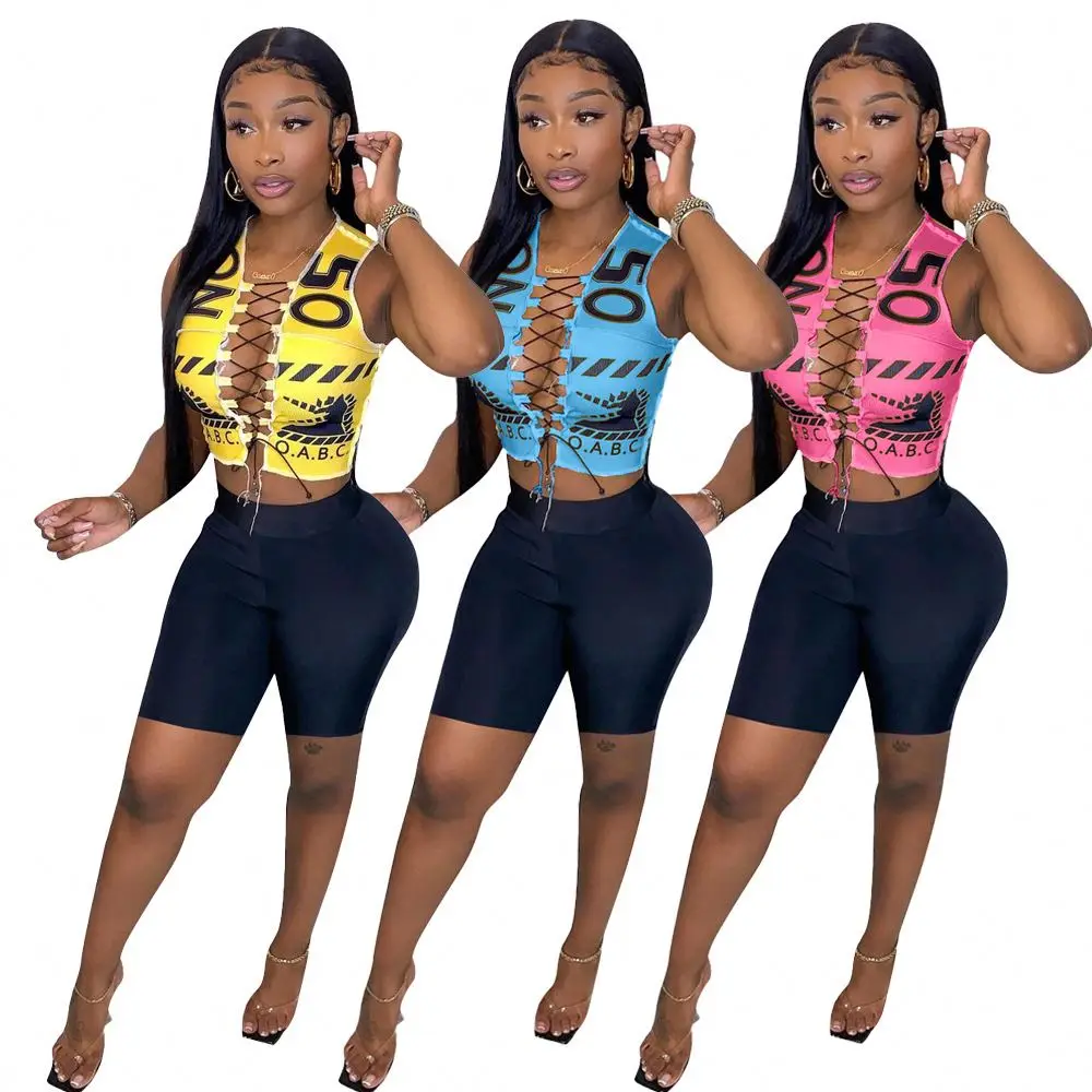 

Newest Design Printed Bandage Crop Top Black Pants Sexy Two Piece Outfits Women Sets Clothing