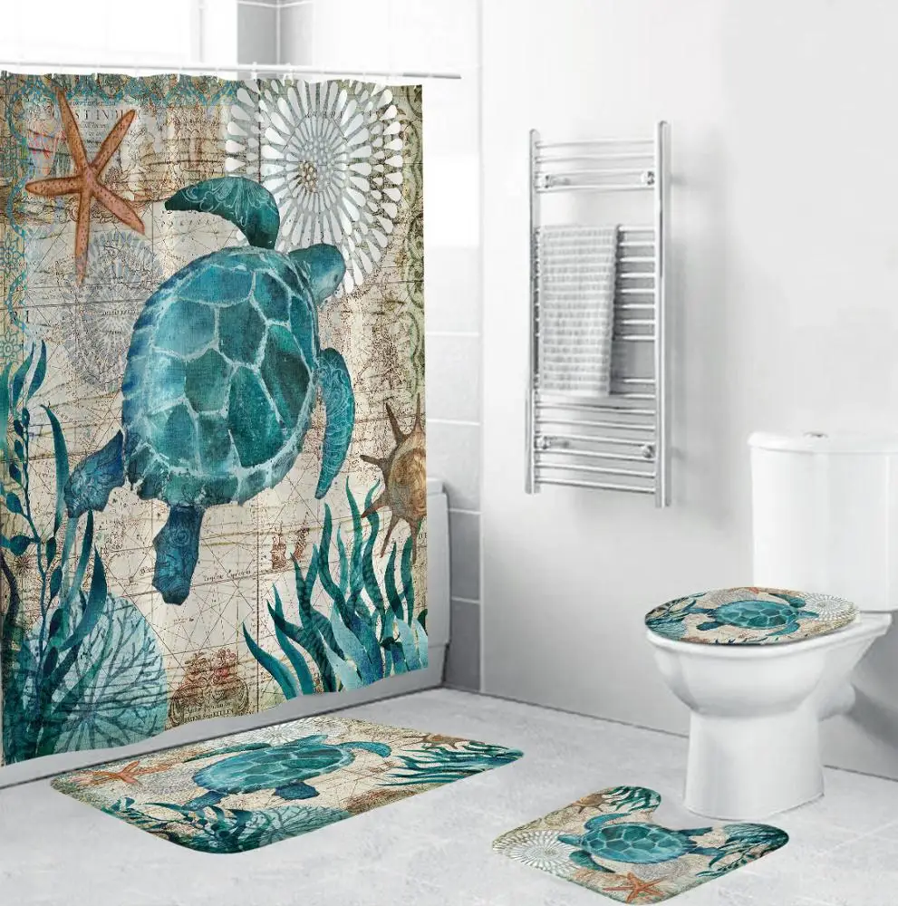 

Ready to ship Retro Ocean Sea Turtle Toliet Mat 4 Pieces Bathroom Mats Shower Curtains Set