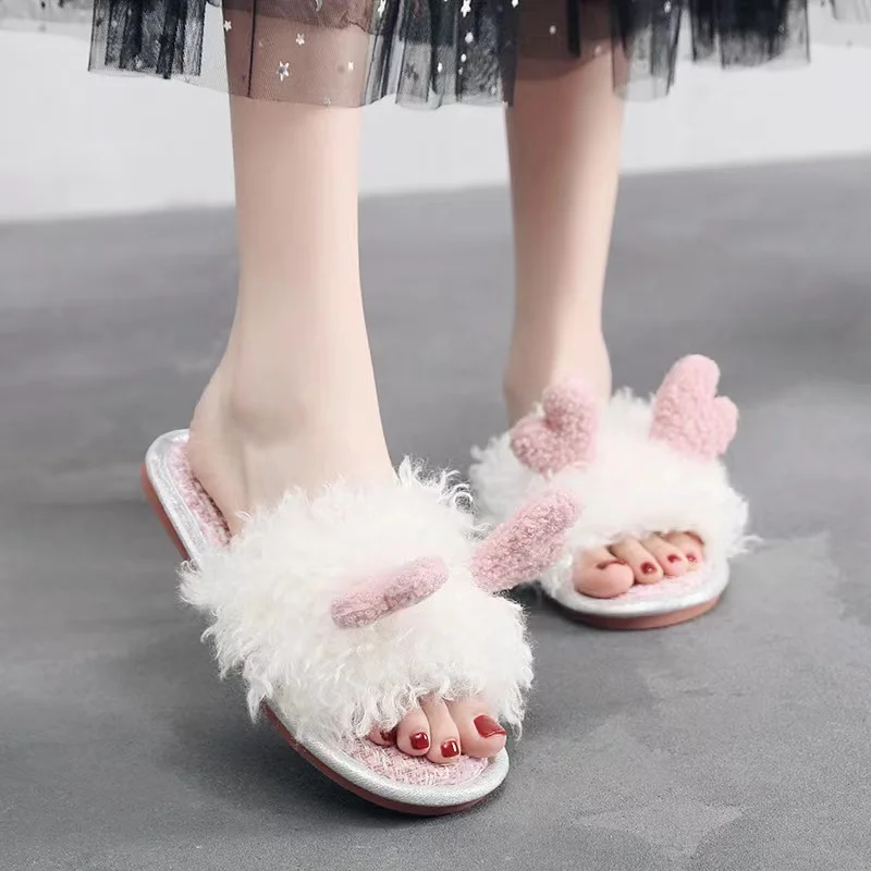 

Custom Fashion Simple Soft Bottom Women Plush deer ear slippers Fur Fluffy Indoor home slippers, Customized color