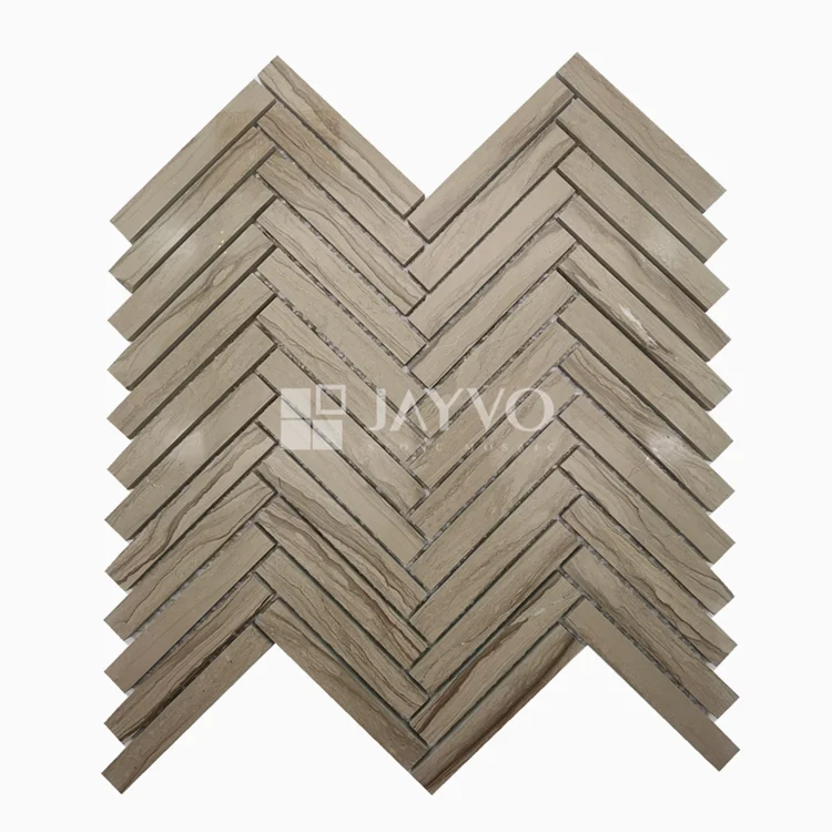 Chinese Grey Wooded Grain Herringbone Marble Mosaic Tile