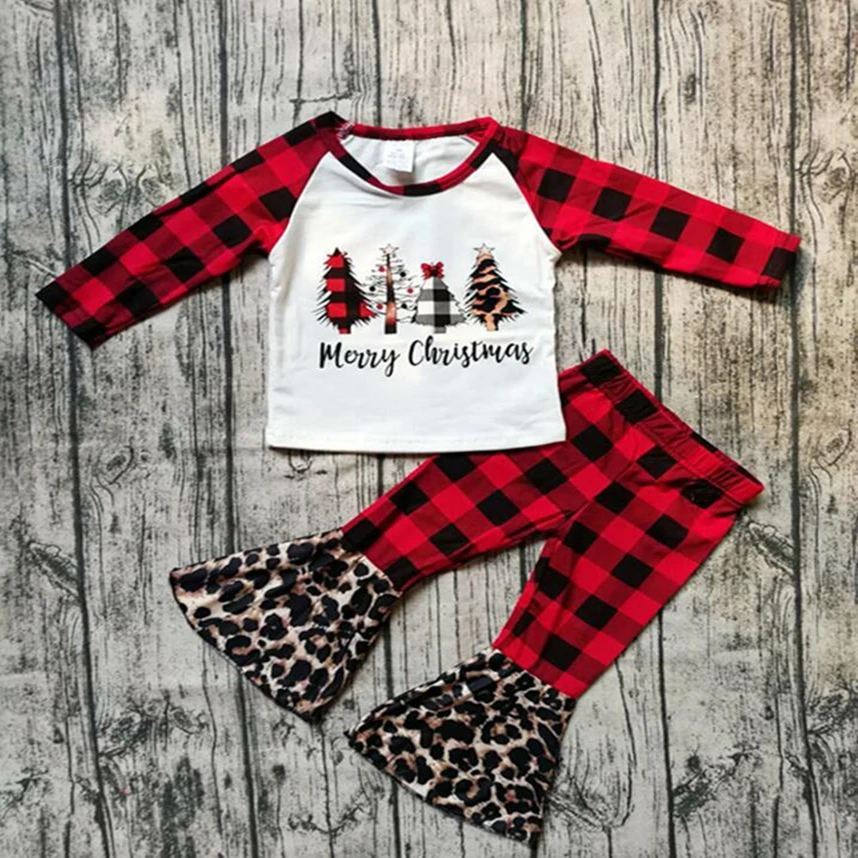 

New Year Baby Girl Clothing Set Christmas Tree Print leopard ruffle pants Kids 2PCS Outfit Tops + bell-bottomed pant for 1-5T