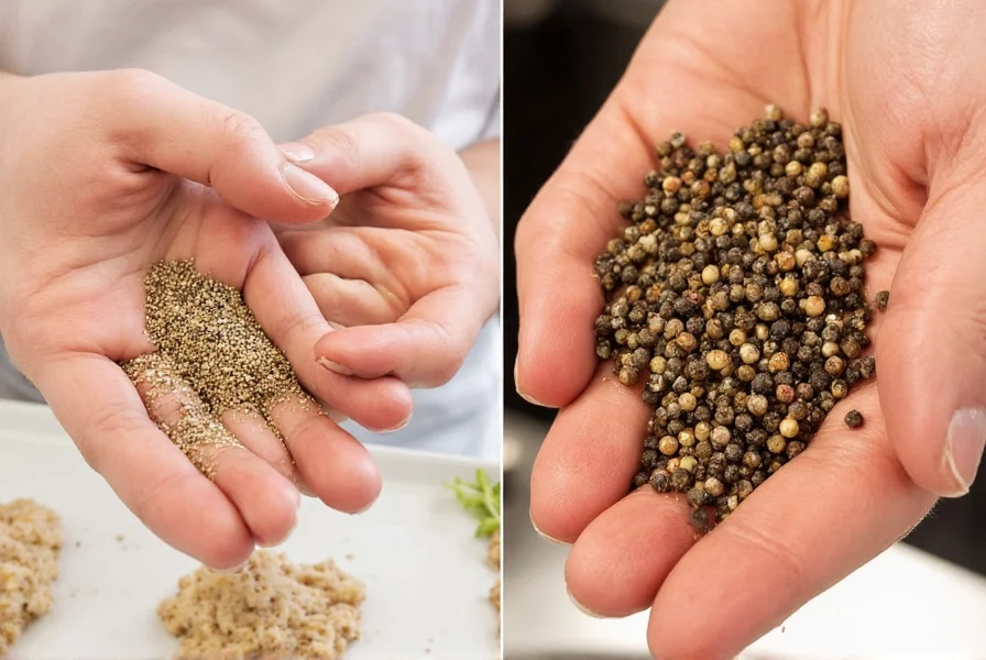 Chef seasoning dishes with both white and black pepper to demonstrate culinary applications