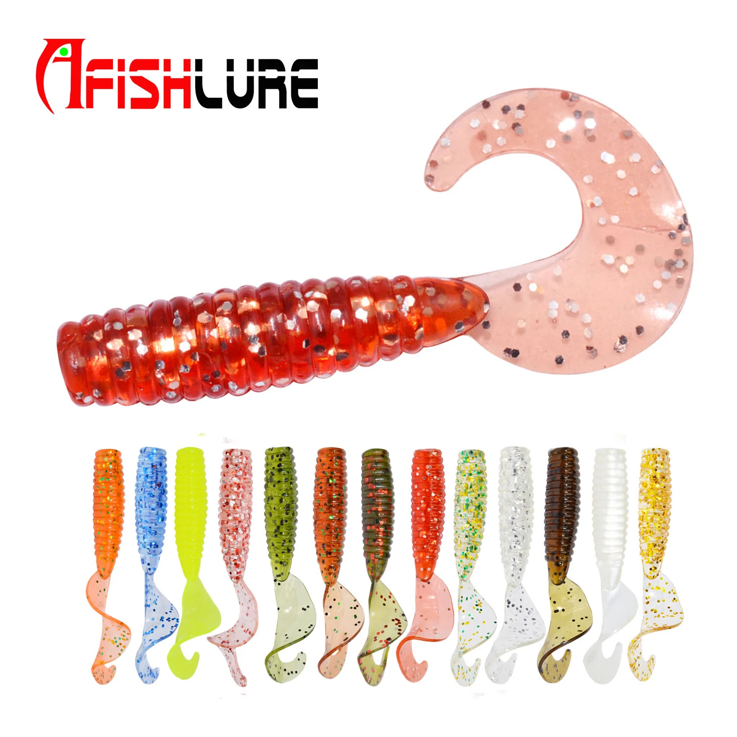 

Afishlure 45mm 1.2g Newbility vivid fish colors soft plastic grub baits OEM available curl worm fish bait, 14 colors