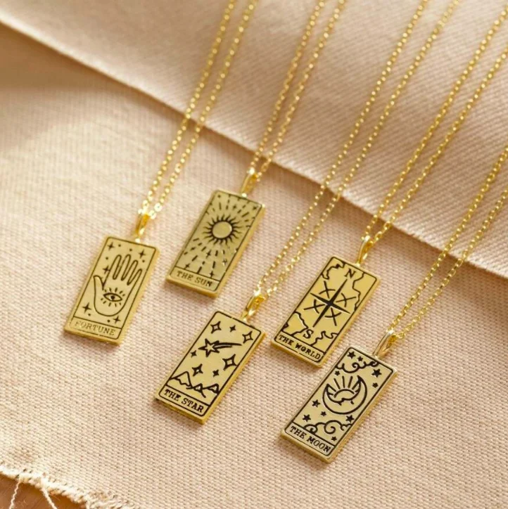 

Jialin high quality engraved 18k gold plated rectangle square shape tarot card stainless steel necklace