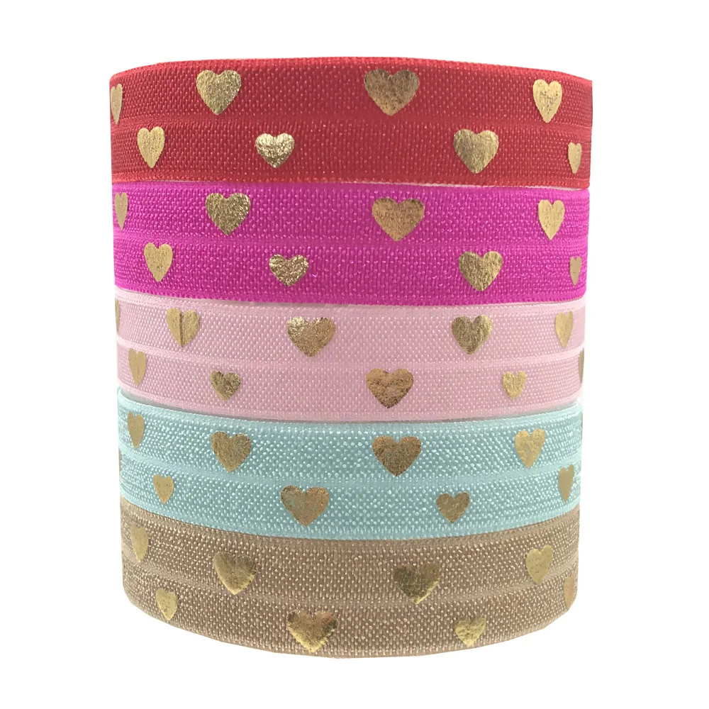 

Gold Foil Heart Print Fold Over Elastic Ribbon Wholesale FOE for DIY Headwear Hair Accessories Sewing Webbing 100 yards/lot, 5 colors, as per picture
