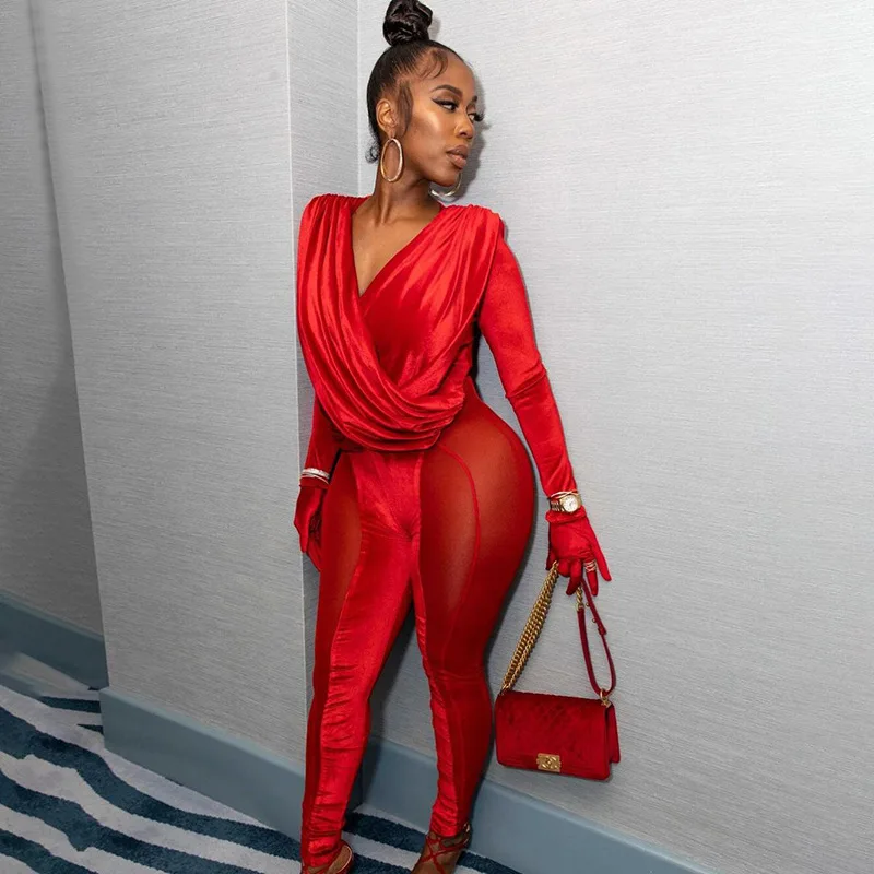 

Fall 2021 women clothes new fashion mesh stitching one piece jumpsuits jumpsuit for women, Picture color