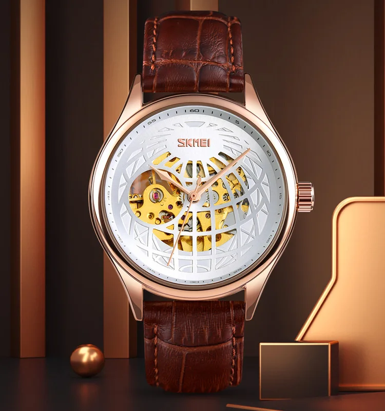 SKMEI 9209 jam tangan rose gold luxury leather mechanical automatic hand wrist watch for men