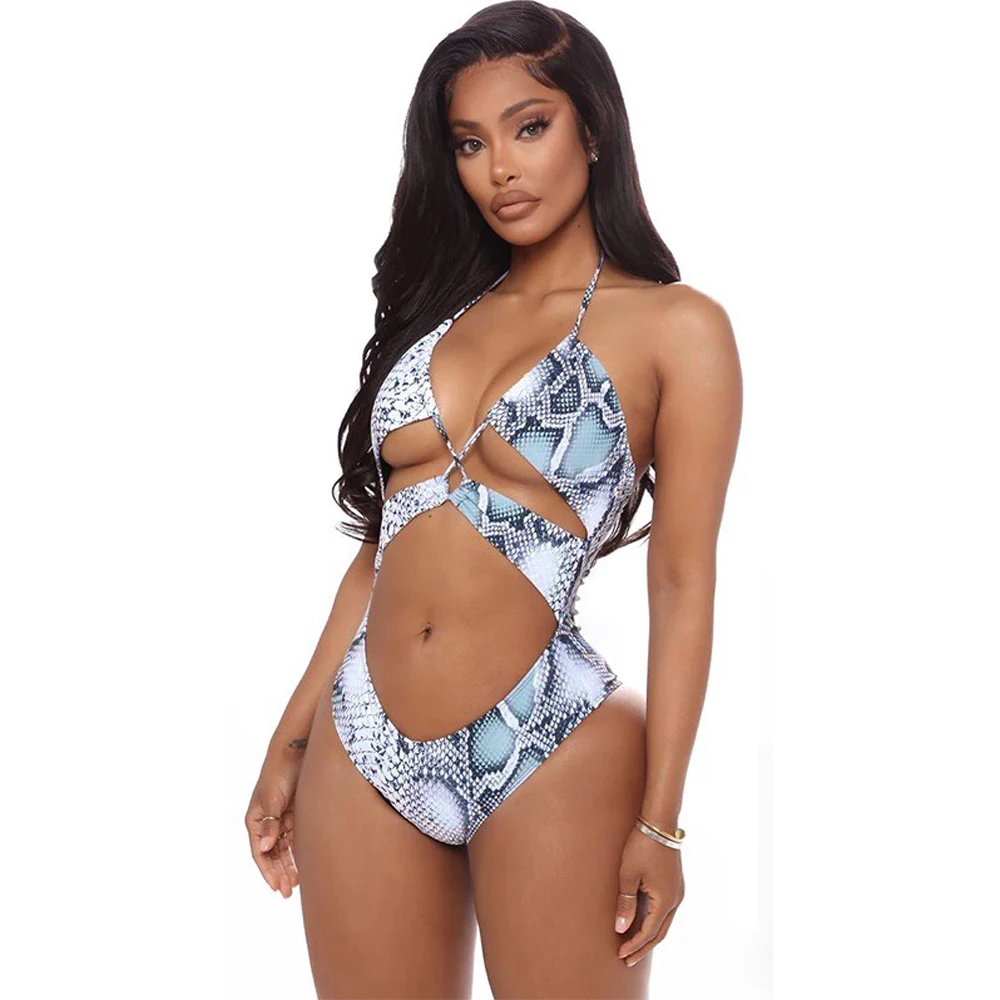 

JSMANA one piece halter cut out wholesale sexy brazilian strappy bikini swimwear womens swimwear bikini sets for women, Python print
