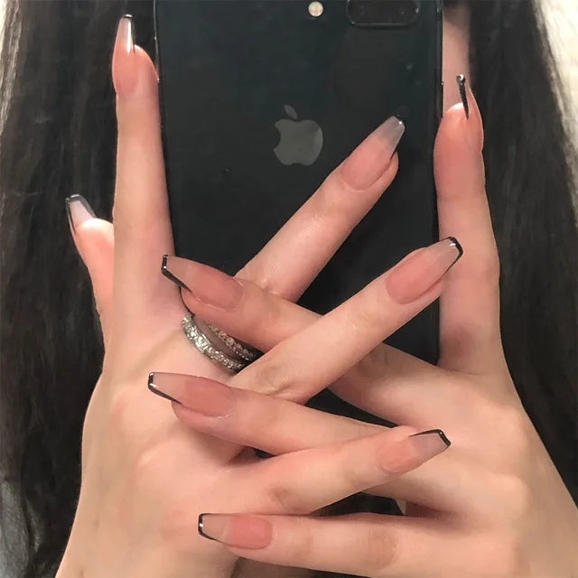 

2021 Wholesale Short Ballerina French Black Nail Tips Square Press on Nails, As pic