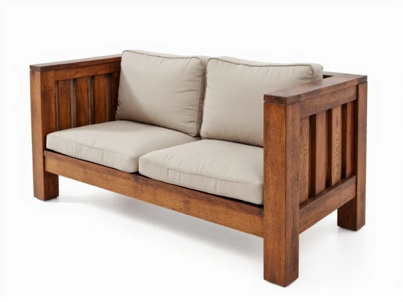 Finished reclaimed wood outdoor couch with drainage-tested cushions