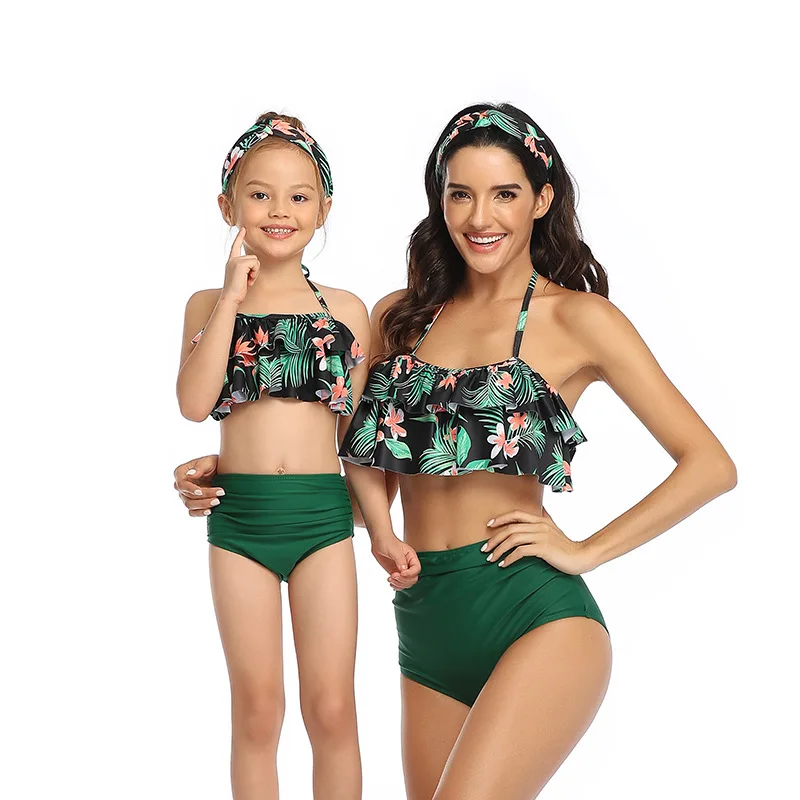 

3-12Y Parent-child Swimsuit Printed High Waist Cute Teenager Bikini Ruffle Beach Swimwear Family Mother Daughter Swimsuit