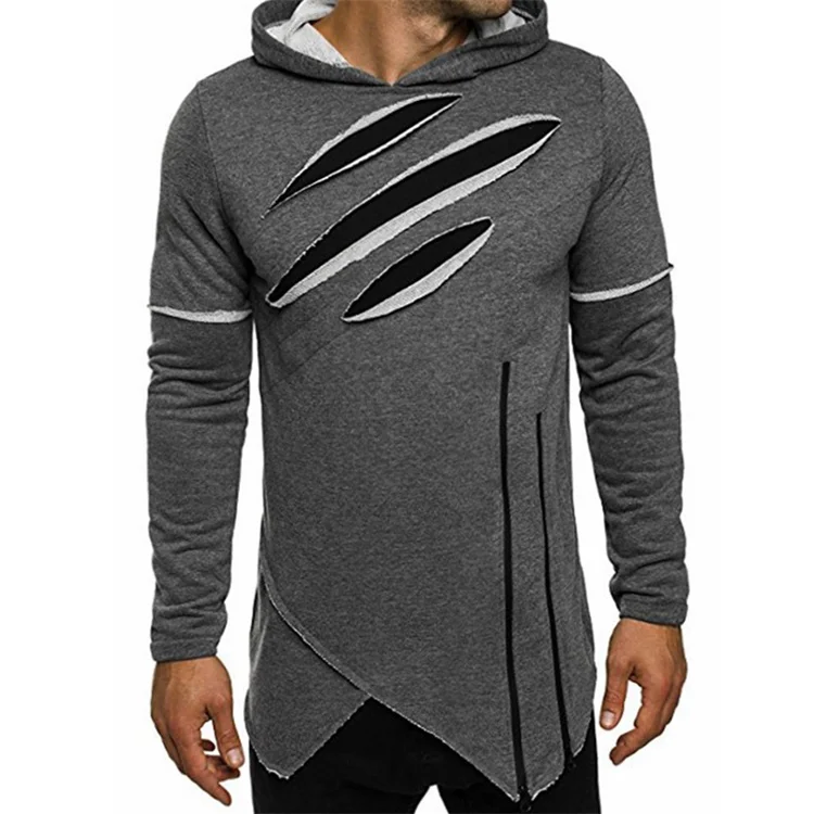 

Custom streetwear elongated asymmetric hem claw ripped hoodie for men, Black/light purple/orange/yellow