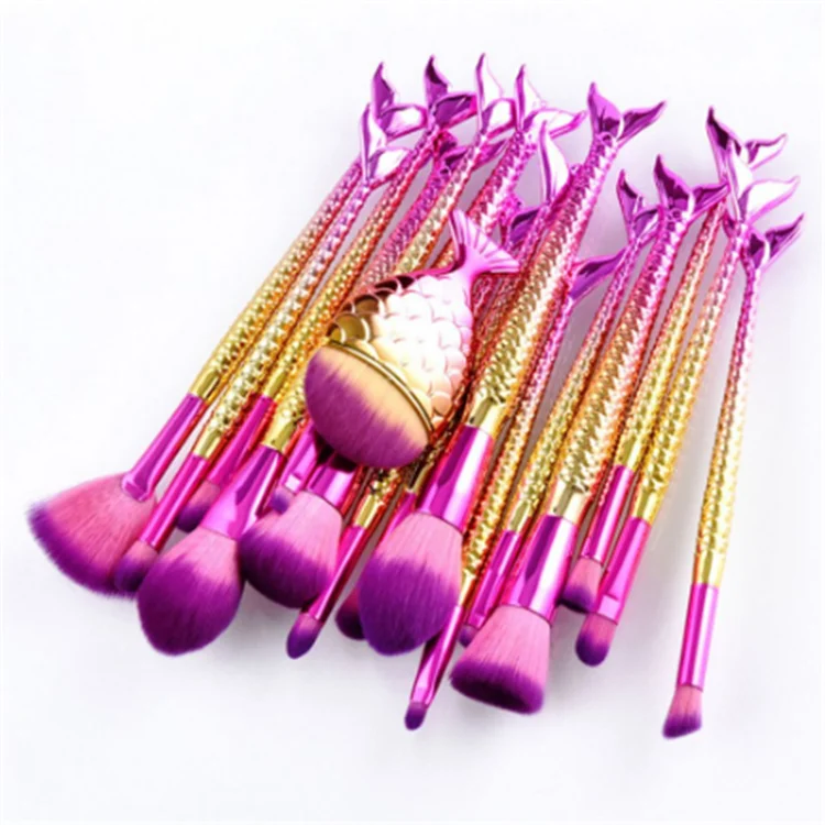 

17.2cm New Mermaid Shaped 11pcs Makeup Brushes Set Big Fish Tail Foundation Powder Eyeshadow Cosmetic Brushes